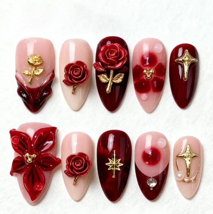 Artificial nail set with elegant floral applications and glamorous accents Bowlift