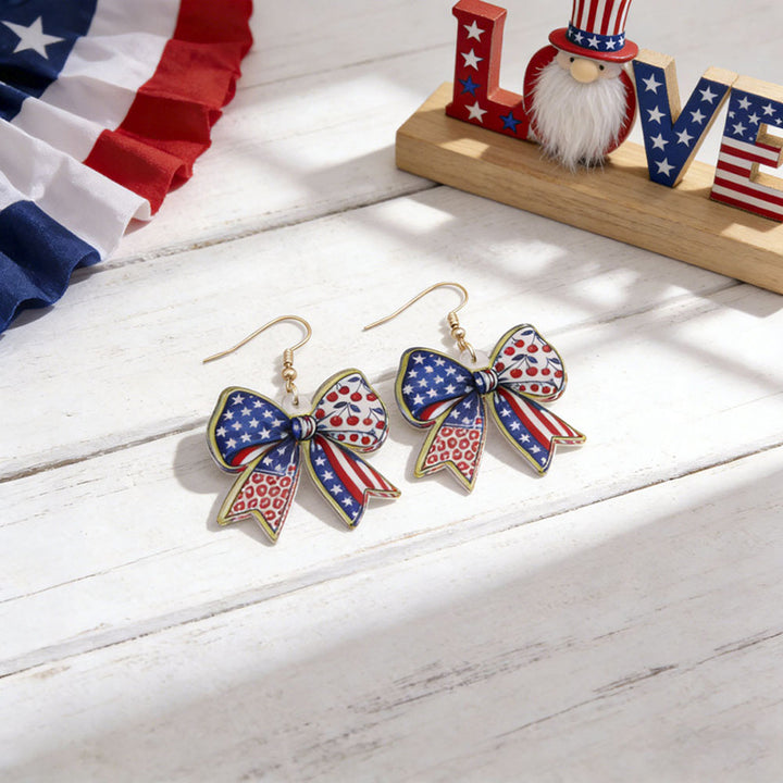 Women's acrylic statement earrings long pendant bow motif with patriotic print Bowlift