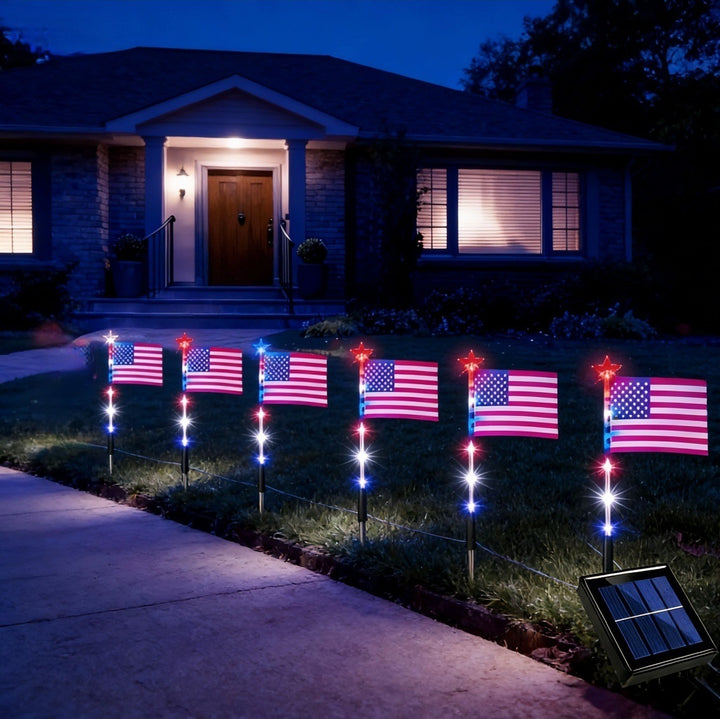 Unisex solar-powered ground spikes with mini flags and glowing star LEDs Bowlift