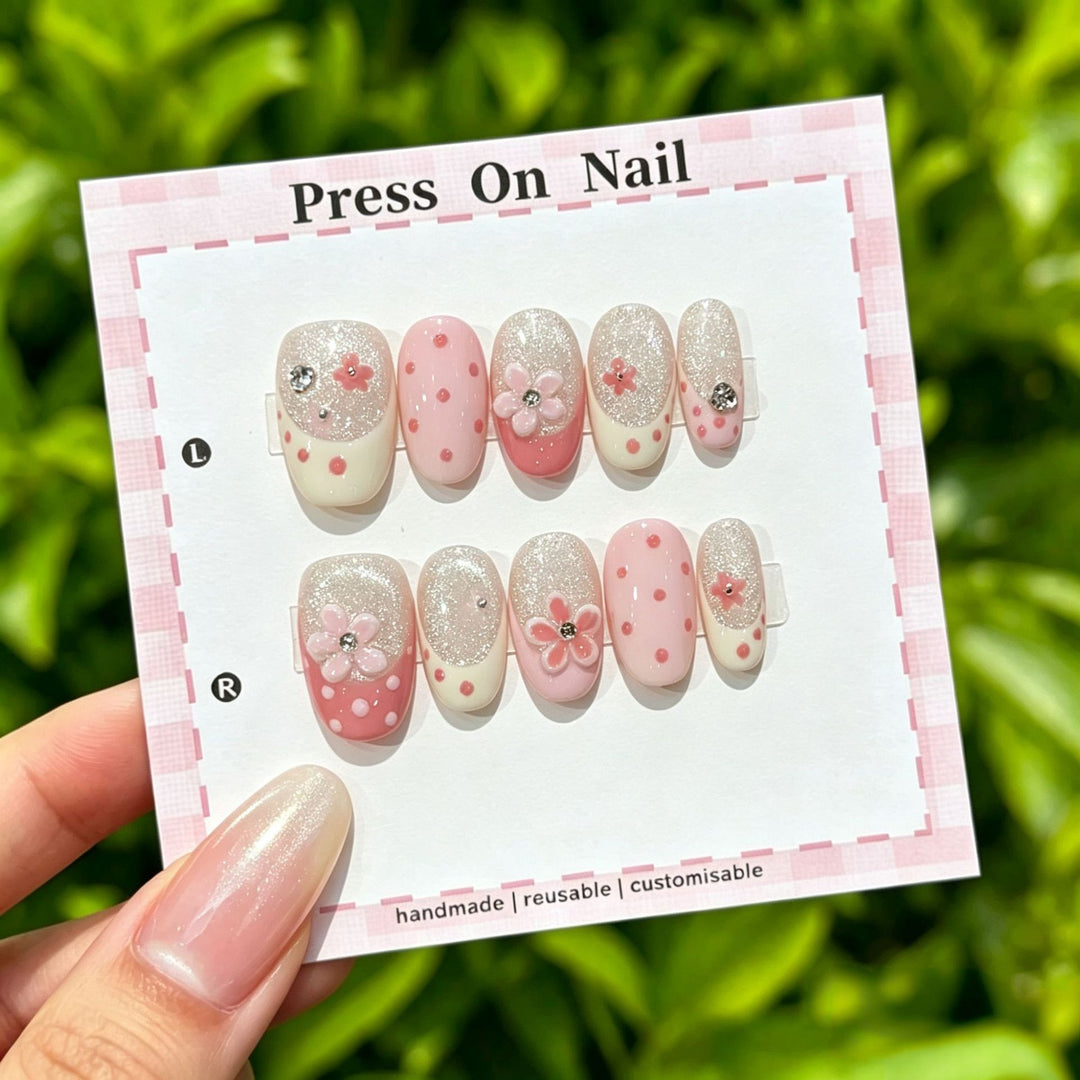 Artistic Press-On Nail Set with Floral and Graphic Designs
