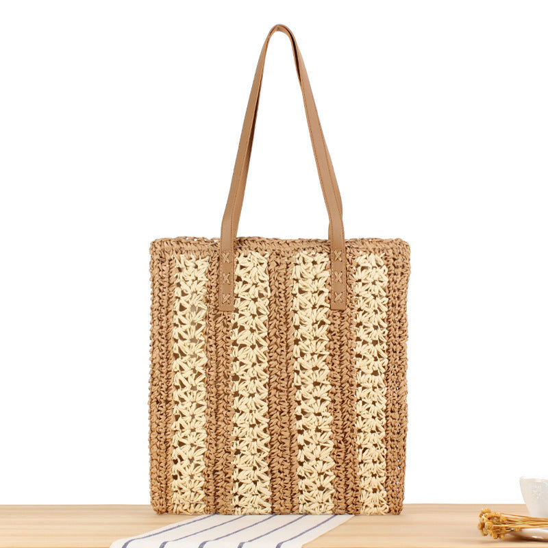Braided Natural Material Beach Bag with Sturdy Leather Handles Bowlift