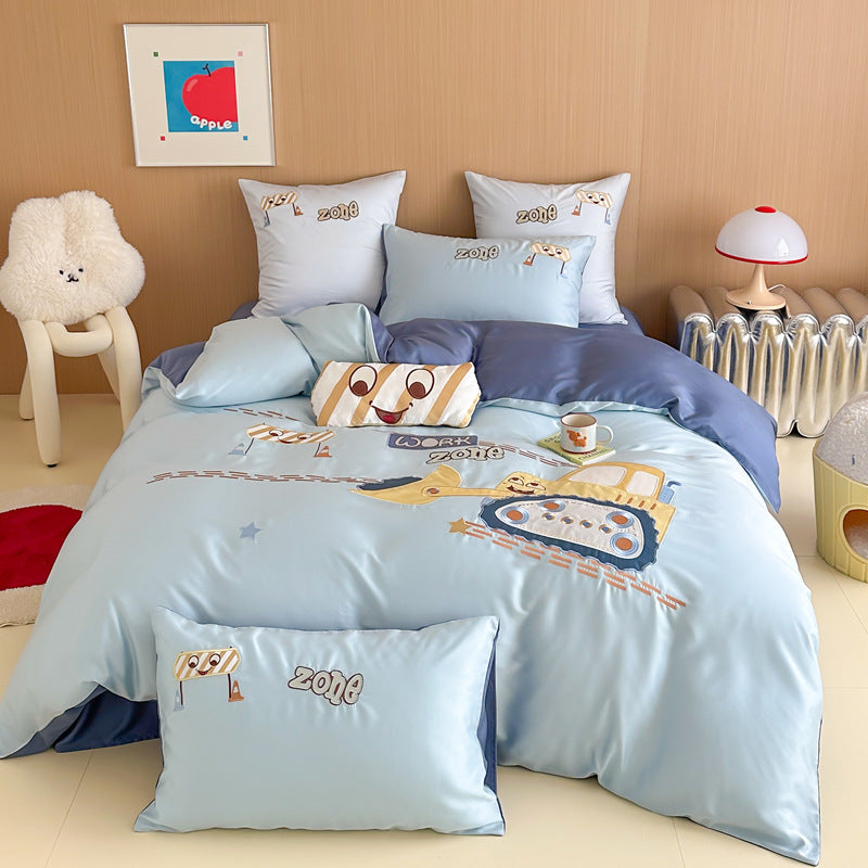 Children's bedding set with embroidered digger and construction site application made of fine cotton satin Bowlift
