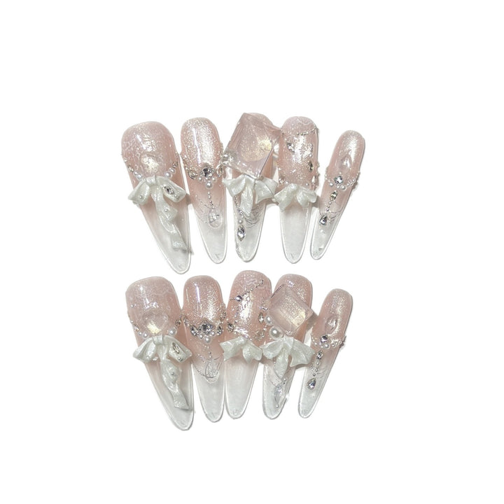 Elegant Press-On Acrylic Nail Set with Decorative Bow and Glitter Accents Bowlift