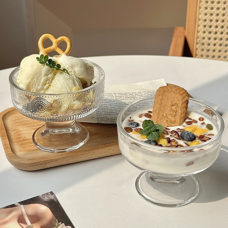 Footed glass dessert bowl with wide rim pedestal base for serving and display Bowlift