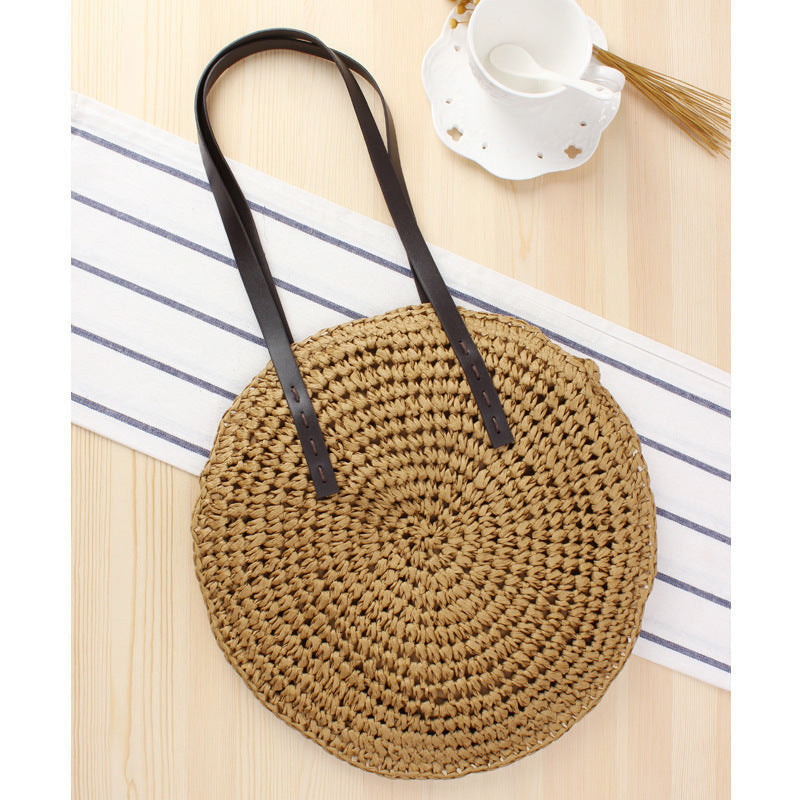 Round Bast Tote Bag with Leather-Embellished Handles Bowlift