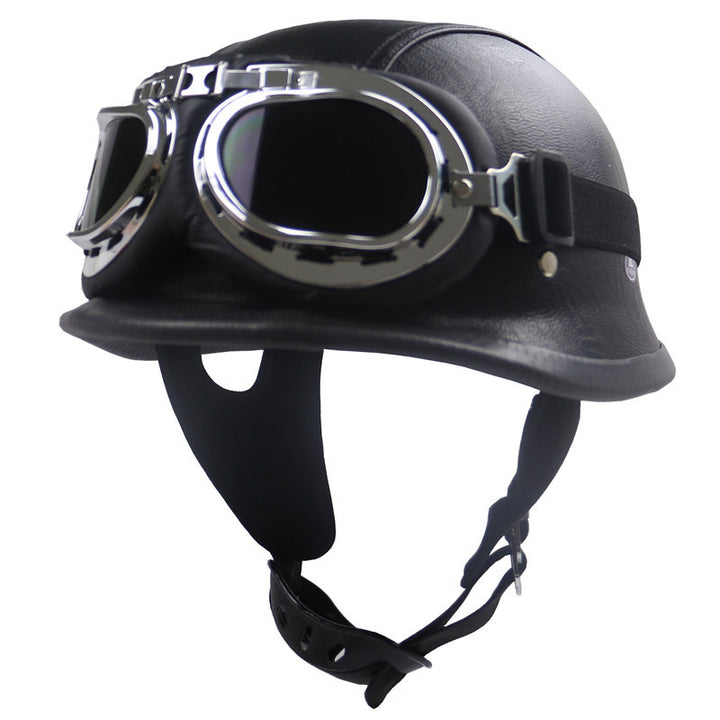 Vintage Leather Motorcycle Helmet with Chrome Goggles Bowlift