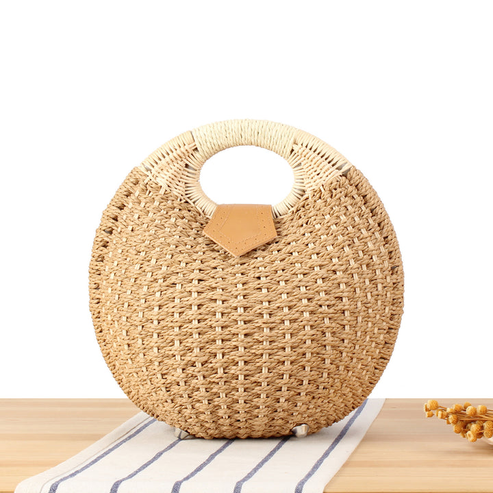 Round straw bag with elegant leather handle Bowlift