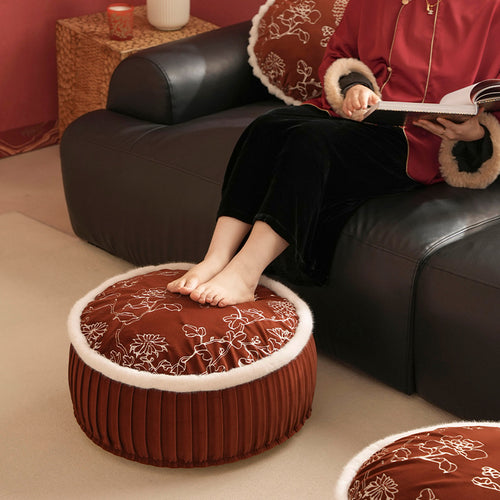 Round velvet floor pouf with floral embroidered top and faux fur trim Bowlift