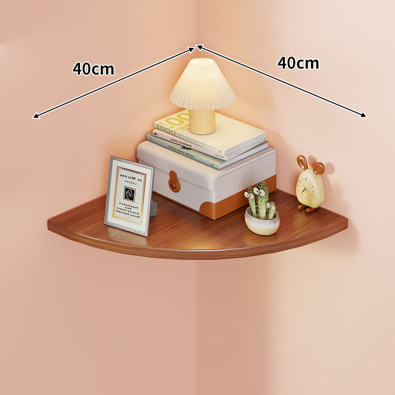 Corner Wall-Mounted Floating Shelf with Rounded Triangular Solid Wood Top and Metal Support Brackets