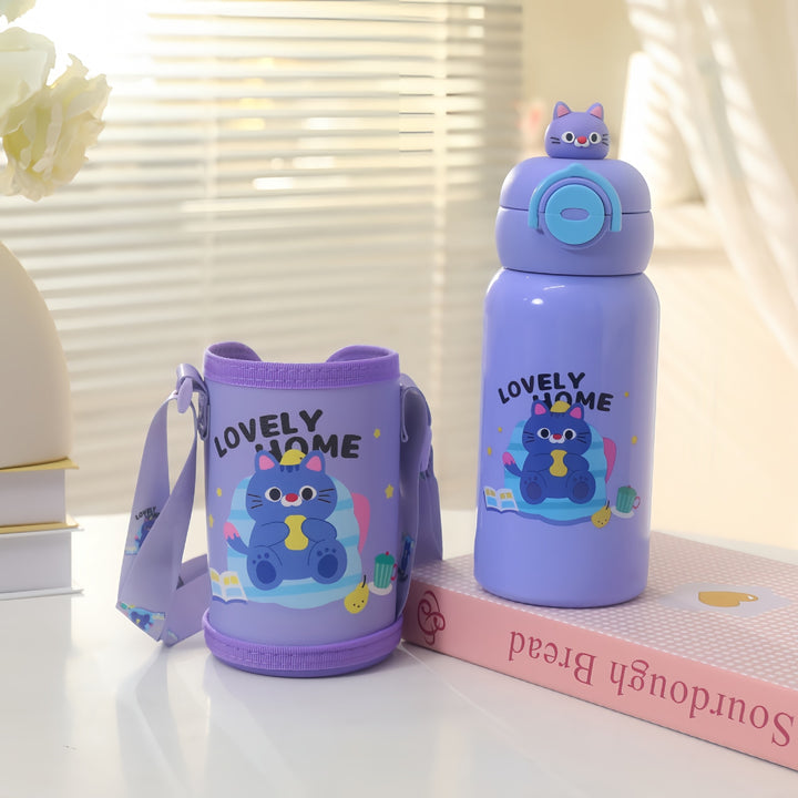Insulated water bottle with integrated carrying strap and cute cat design Bowlift