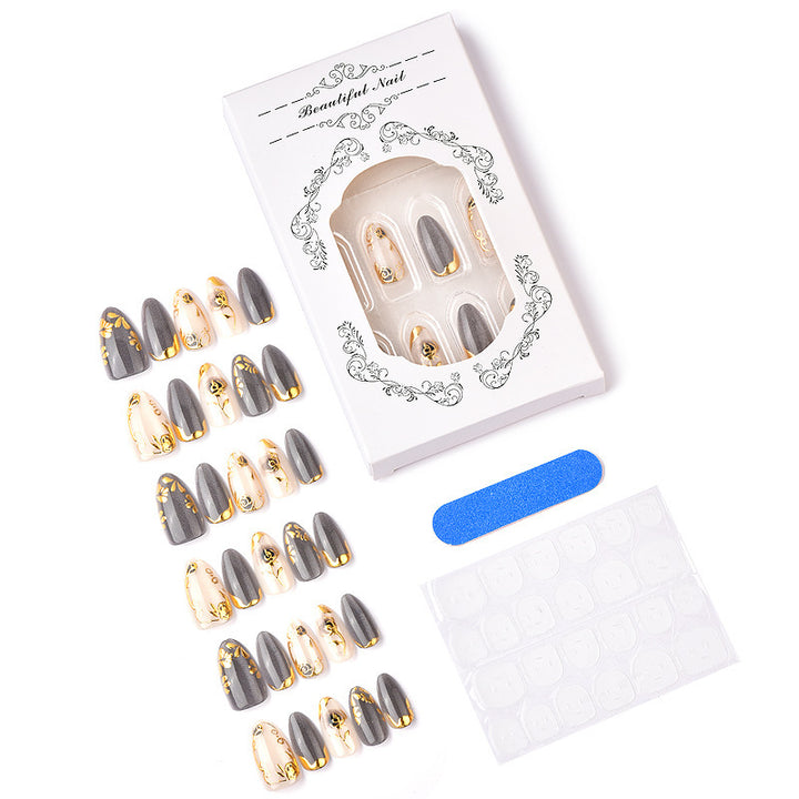 Artificial Nail Set with Elegant Rose Design and Gold Accents Bowlift