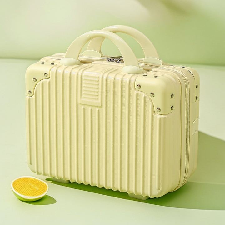structured hard-shell vanity travel case with faux-leather corner reinforcements and dual top handles Bowlift