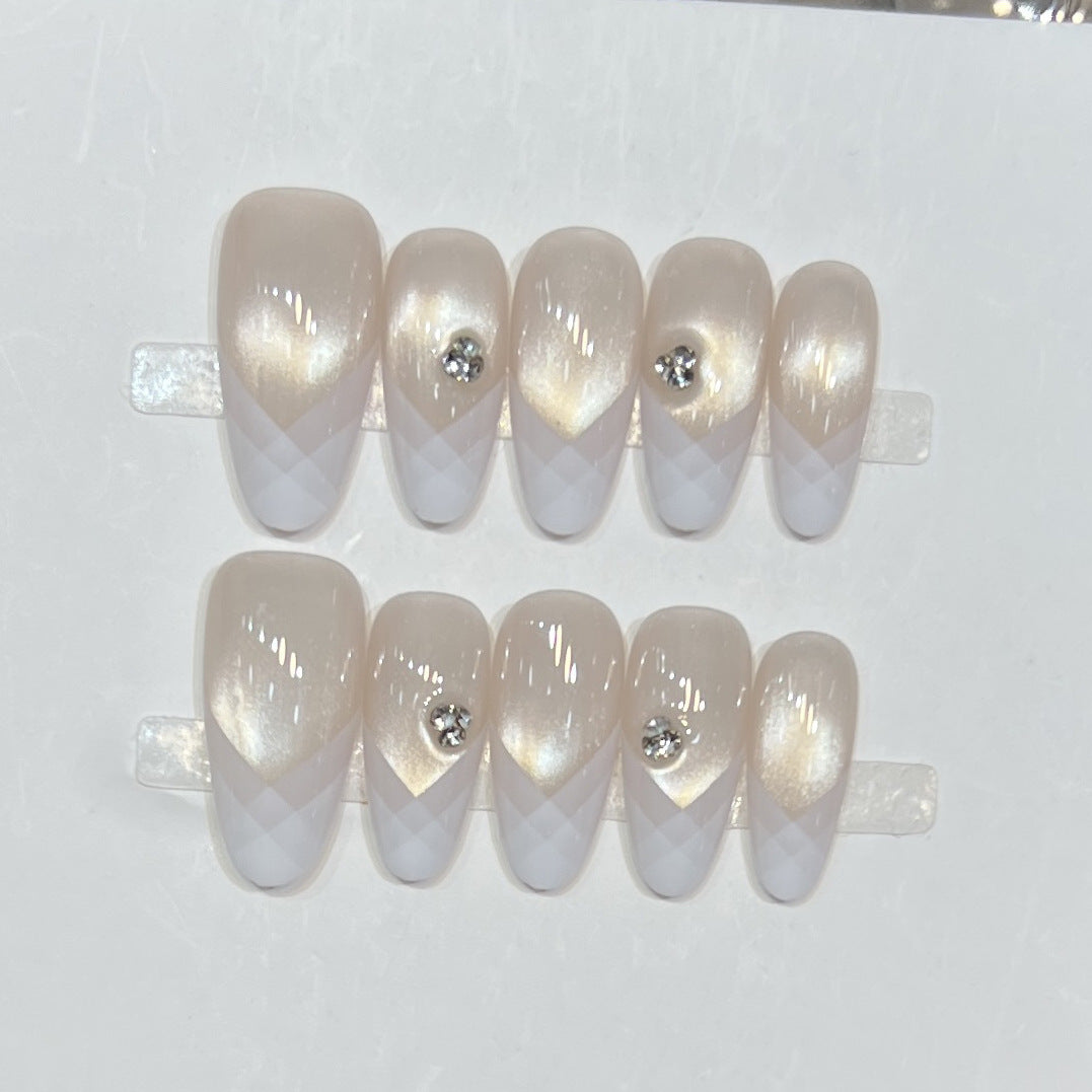 Elegant Geometric Press-On Nail Set with Rhinestone Detail Bowlift