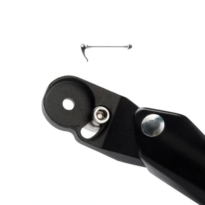 adjustable rear bicycle kickstand with hinged mounting plate and rubber foot Bowlift