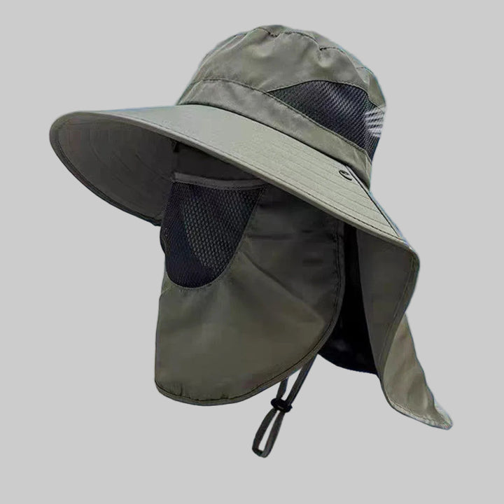 Non-ventilated sun hat with removable fan, neck protection, and adjustable chin strap Bowlift