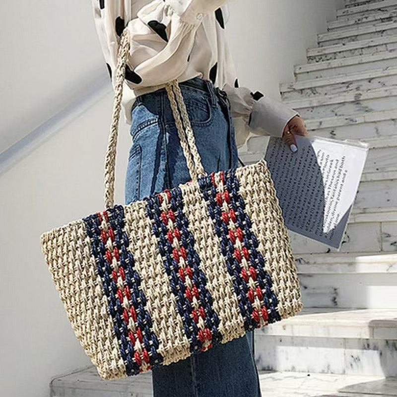 High-quality natural straw tote bag with colorful stripes Bowlift