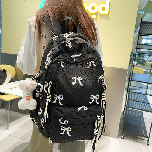 Quilted Embroidered Bow-Design Backpack Bowlift