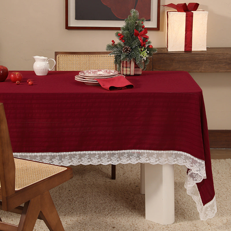 Rectangular festive tablecloth with lace border and fine waffle texture Bowlift