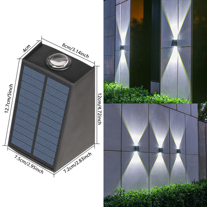 Angled Bi-Directional Solar LED Wall Uplight-Downlight With Integrated Photovoltaic Panel And Prism Lens Bowlift