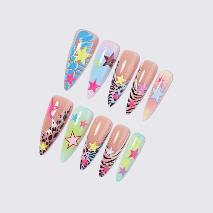 Artistic Press-On Nail Set with Colorful Star Patterns Bowlift