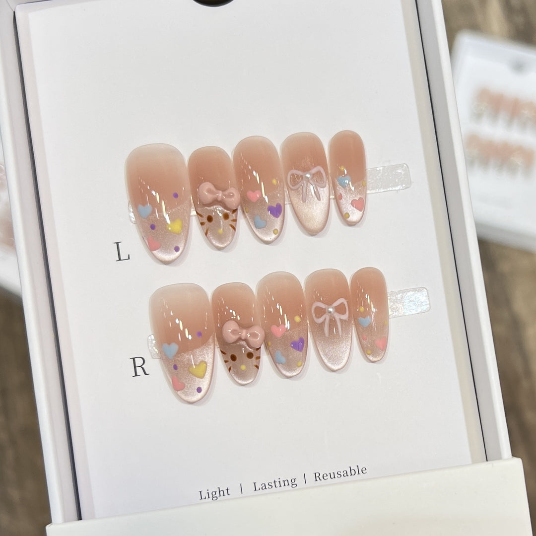 Decorative Press-On Nail Set with Colorful Heart and Bow Designs Bowlift
