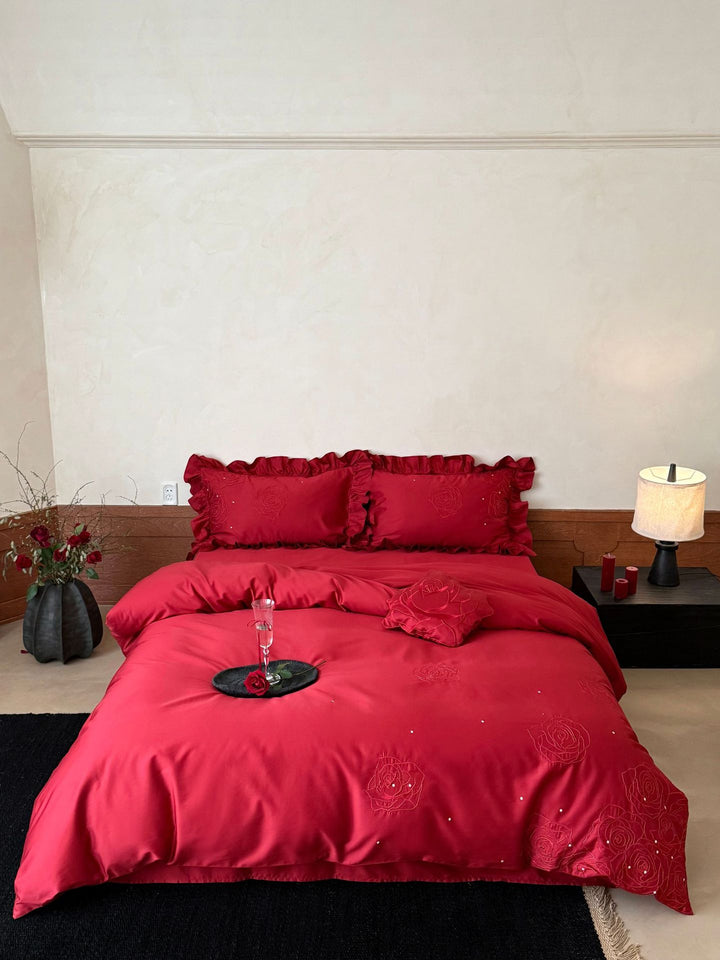 Satin bedding set with rose embroidery, ruffled pillow and decorative pillow Bowlift