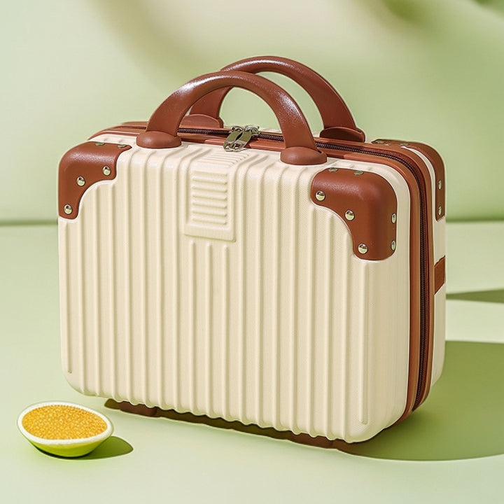structured hard-shell vanity travel case with faux-leather corner reinforcements and dual top handles Bowlift