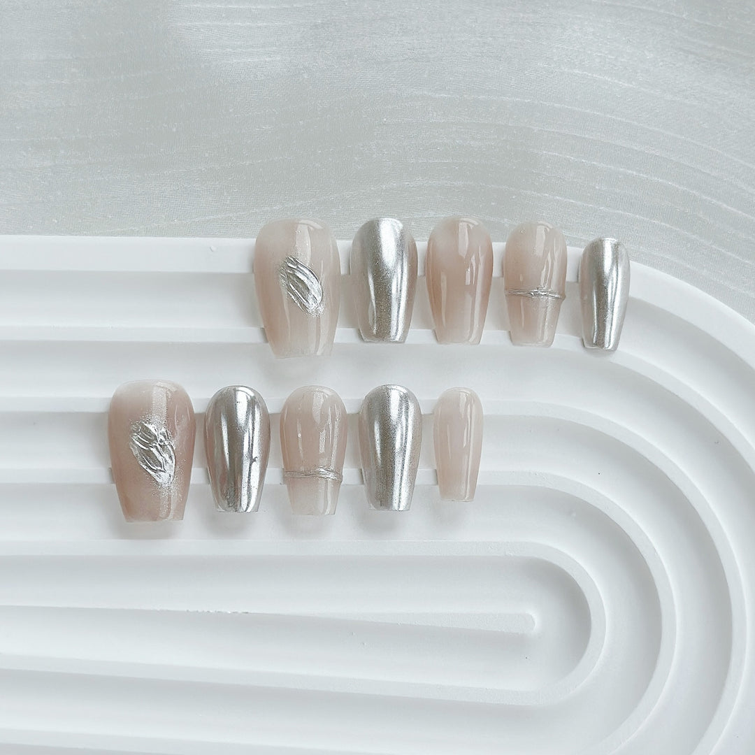 Artistic Press-On Nail Art Set with Heart and Celestial Designs