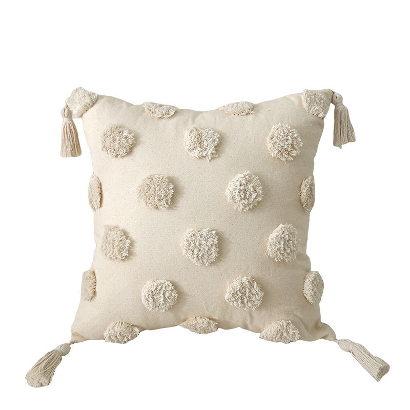Square cotton-linen cushion cover with 3D pompom tufting and corner tassels Bowlift
