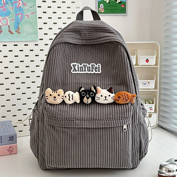 Corduroy Cat-Embellished School Backpack