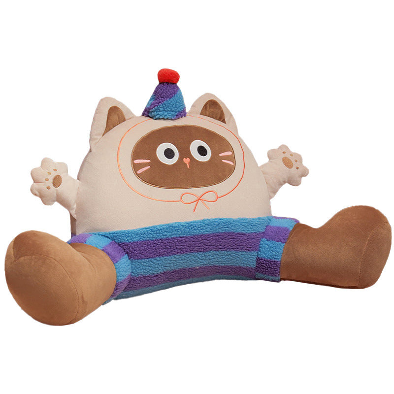 Ergonomic plush back support pillow with stretched legs and party hat cat motif