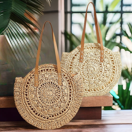 Handcrafted Round Straw Bag with Elegant Leather Handles Bowlift