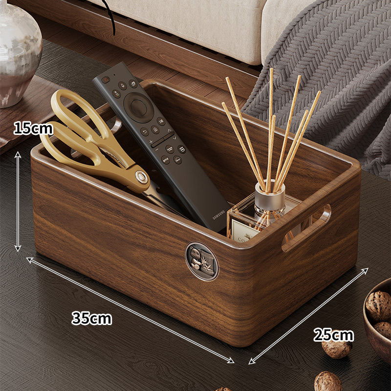 Wooden Rectangular Desktop Storage Organizer Box with Built-In Side Handles