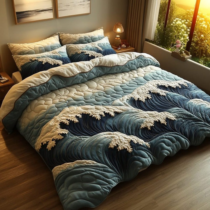 Quilted Ocean Wave Microfiber Comforter Set With Matching Shams And Plush Hypoallergenic Fill
