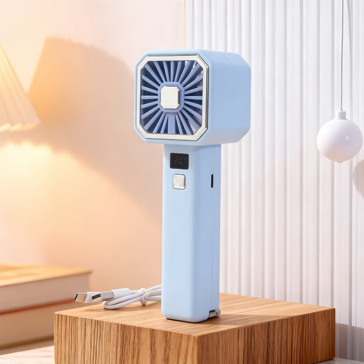 Unisex portable USB table fan with digital temperature display and compact folding grille Bowlift