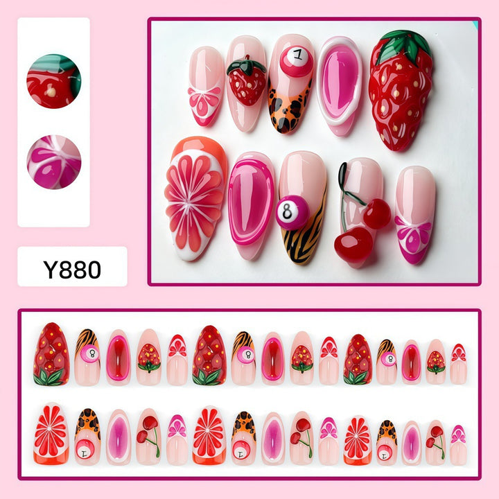 Artificial nails with fruity motifs andGloss finish Bowlift