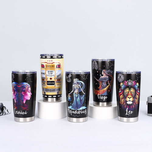 Double-Wall Vacuum Insulated Stainless Steel Travel Tumbler With Spill-Resistant Lid And Printed Cow Sunflower Design