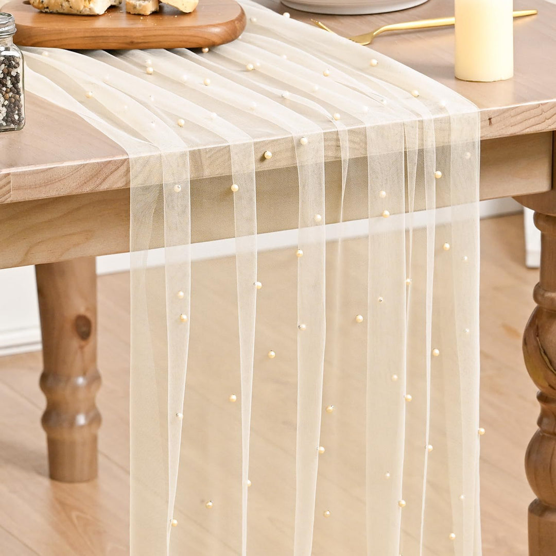 Elegant Table Runner with Pearl Detailing Bowlift