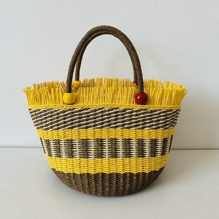 Generous braided tote bag with colorful fringed edge Bowlift