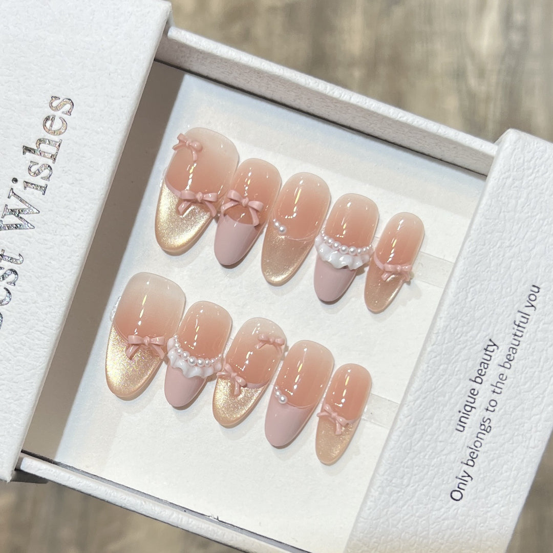 Elegant Press-On Nail Art Set with Pearl and Bow Accents Bowlift