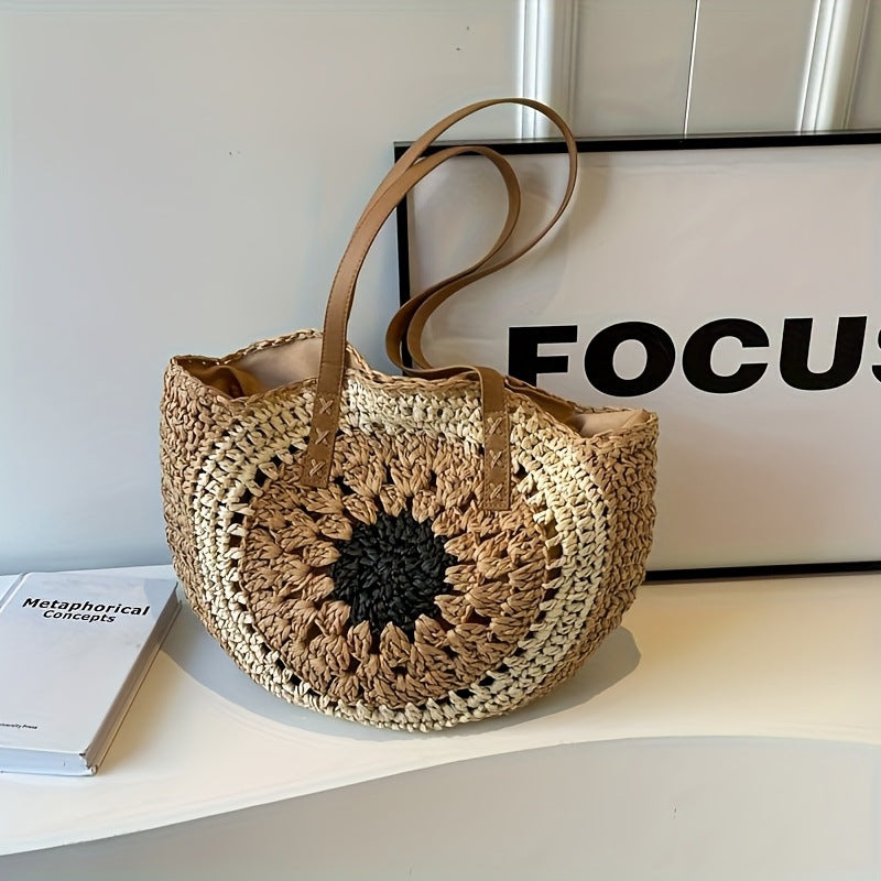 Macrame Beach Bag with Brown Leather Handles Bowlift