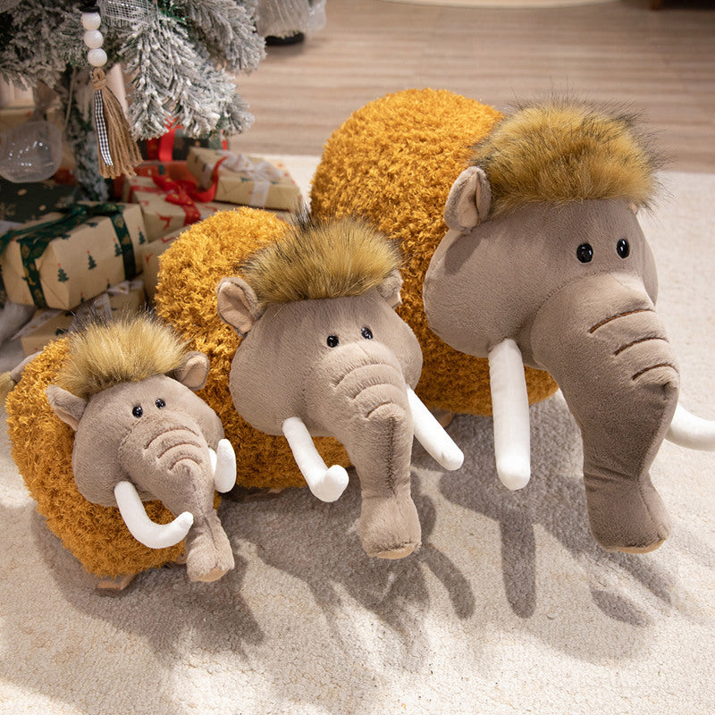Round Woolly Mammoth Plush Cushion Toy with Curly Faux-Fur & Soft Trunk Bowlift