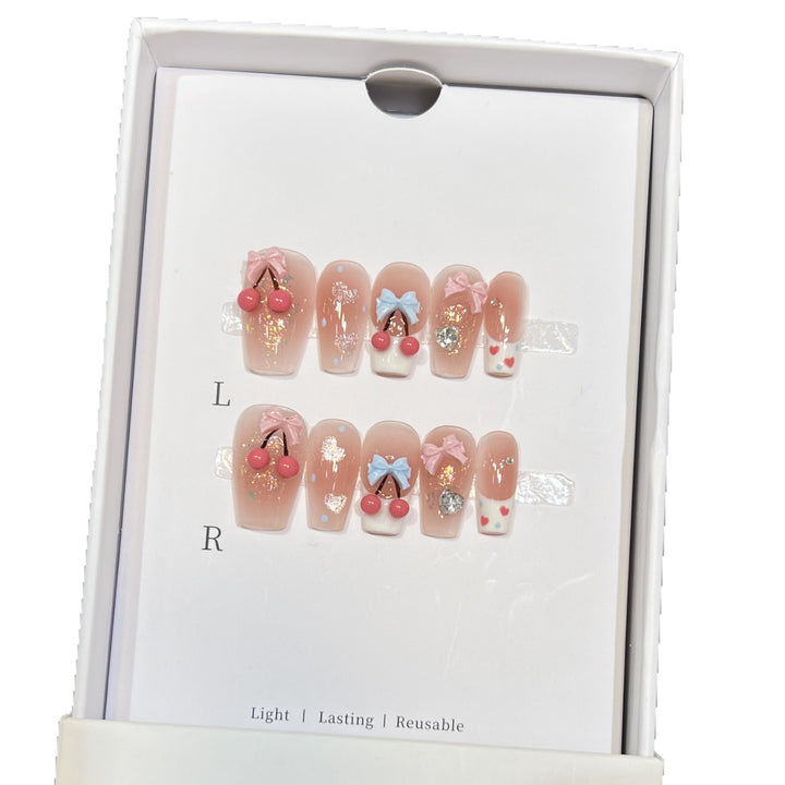 Playful Cherry-Themed Press-On Nail Art Set Bowlift