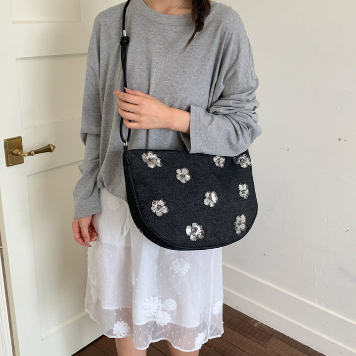Floral Embellished Denim Handbag Bowlift