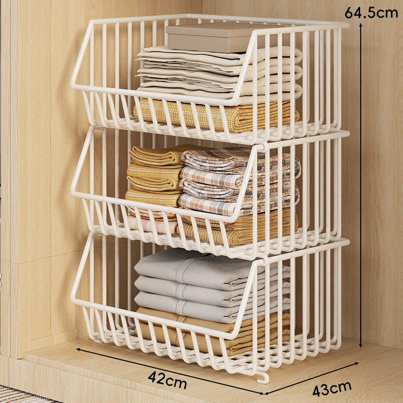 Stackable Multi-Tier Wire Closet Storage Basket Organizer with Open-Front Pull-Out Bins