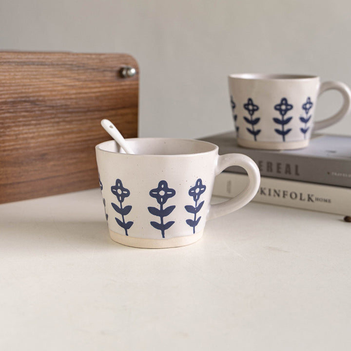 Hand-Painted Stoneware Floral Pattern Coffee Mug with Wide Rim and Comfortable Handle Bowlift