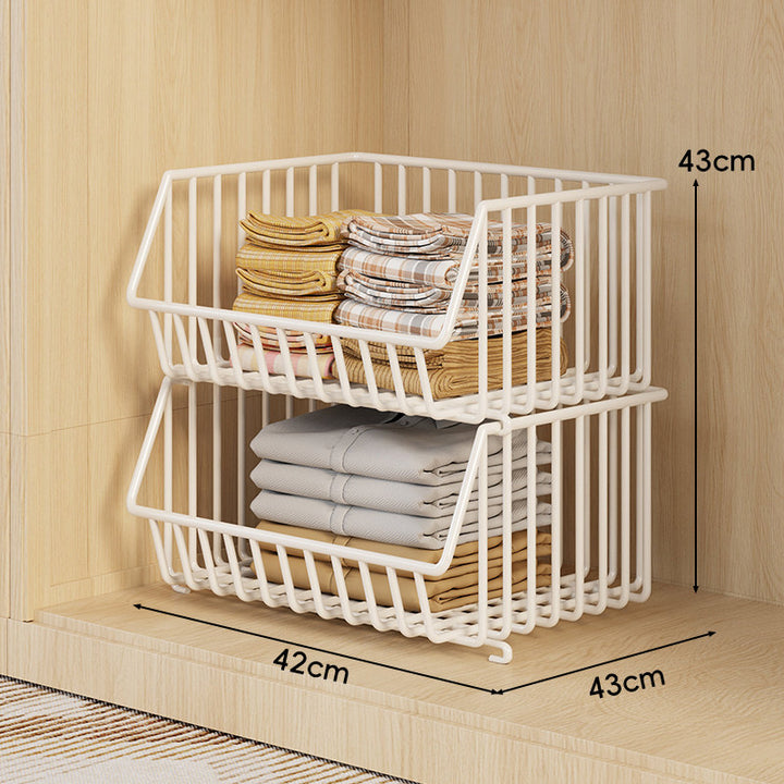 Stackable Multi-Tier Wire Closet Storage Basket Organizer with Open-Front Pull-Out Bins