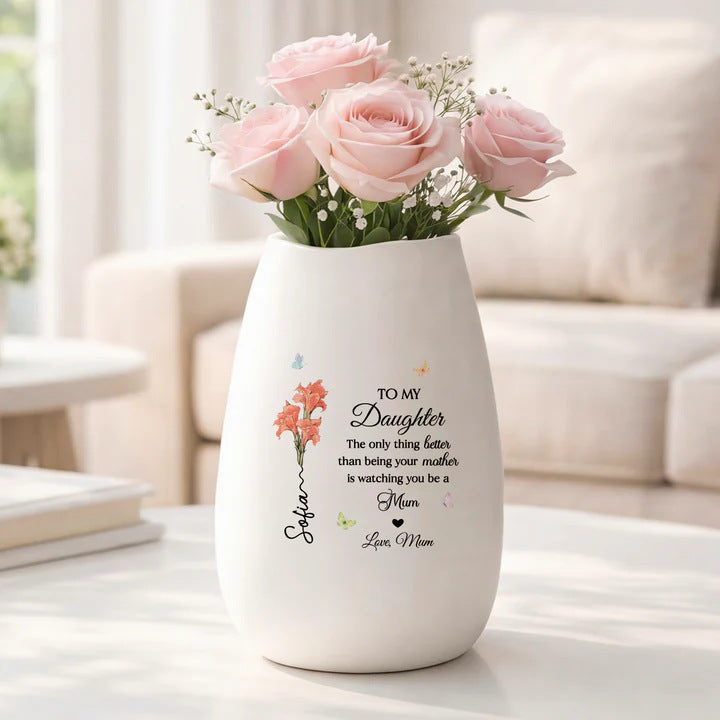 Personalized Ceramic Stemless Wine Tumbler With Floral "To My Daughter In Law" Message And Vertical Name Script