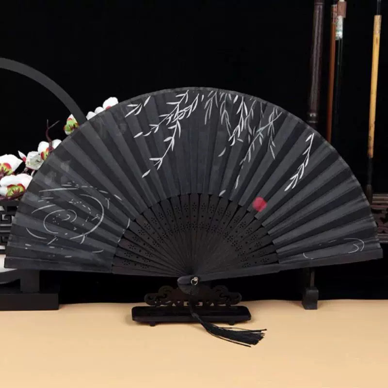 Women One Size Handcrafted Bamboo Pleated Fan with Hand-Painted Calligraphic Willow Design and Decorative Tassel Bowlift