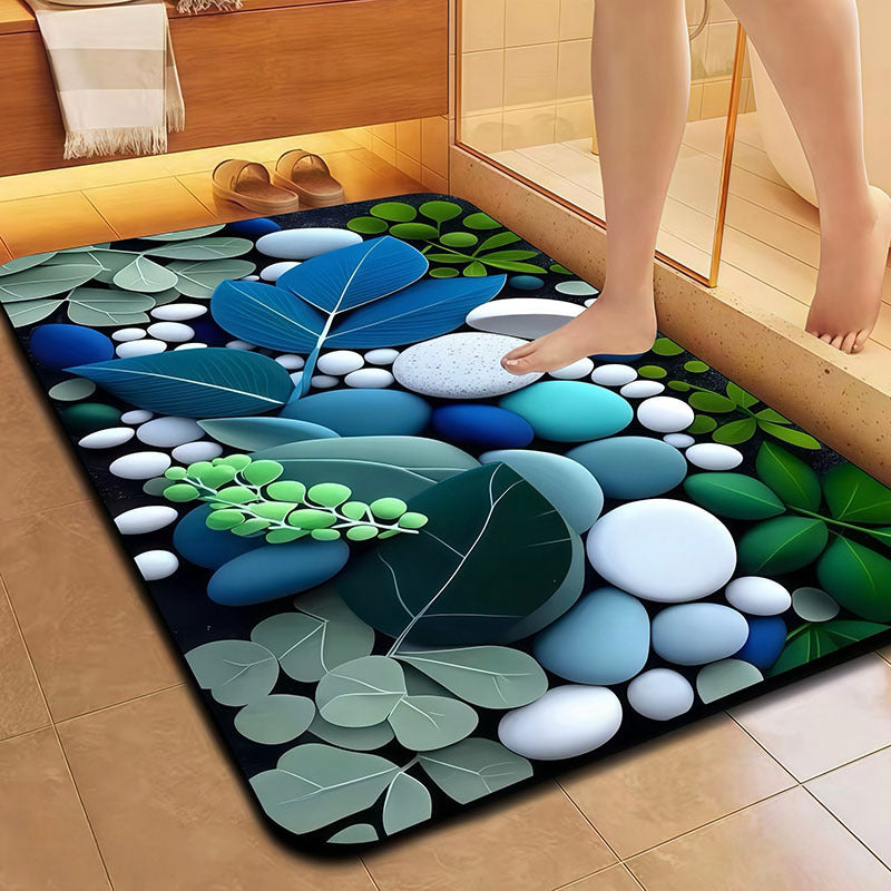 Artistic Leaf and Stone Textured Bath Mat